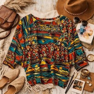 Vintage Abstract Artsy Dolman Sleeve Top 90s Painterly Geometric Print Boxy Fit